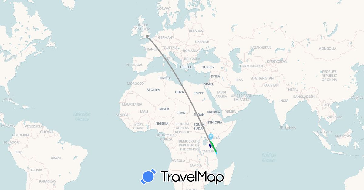 TravelMap itinerary: driving, bus, plane, hiking, boat in United Kingdom, Kenya, Tanzania (Africa, Europe)